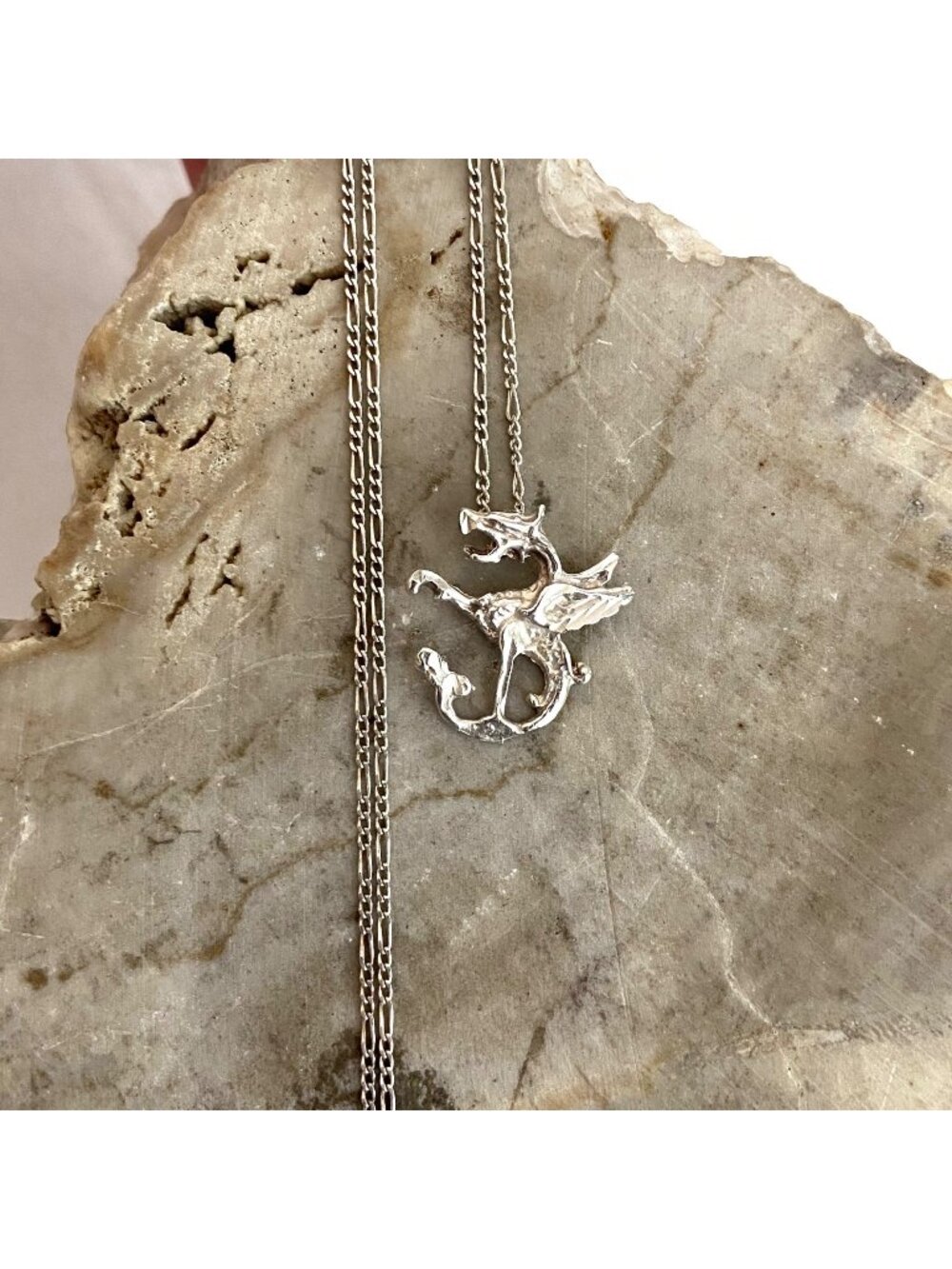Sterling Silver 925 Unisex Mystic Dragon Pendant Necklace 20" Figaro Chain
